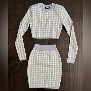 Express Blue and White Houndstooth Cropped Sweater and Skirt Set